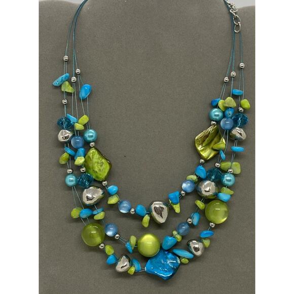Multicolored Turquoise Stones Green Beads Three Strand Necklace Handcrafted - Picture 10 of 15